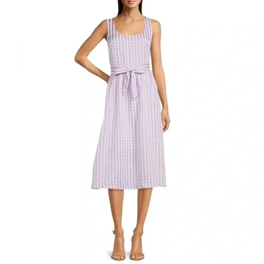 DKNY Summer Lavender/White Checkered Midi Dress